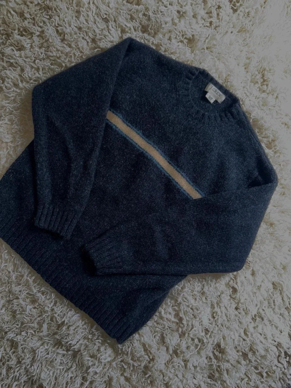 J. Crew Men's Dark Gray Wool Crewneck Sweater with Cream Stripe